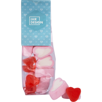 Fruchtgummi- und Schaumzucker-Herzen im 65g Folienbeutel, neutrales Muster