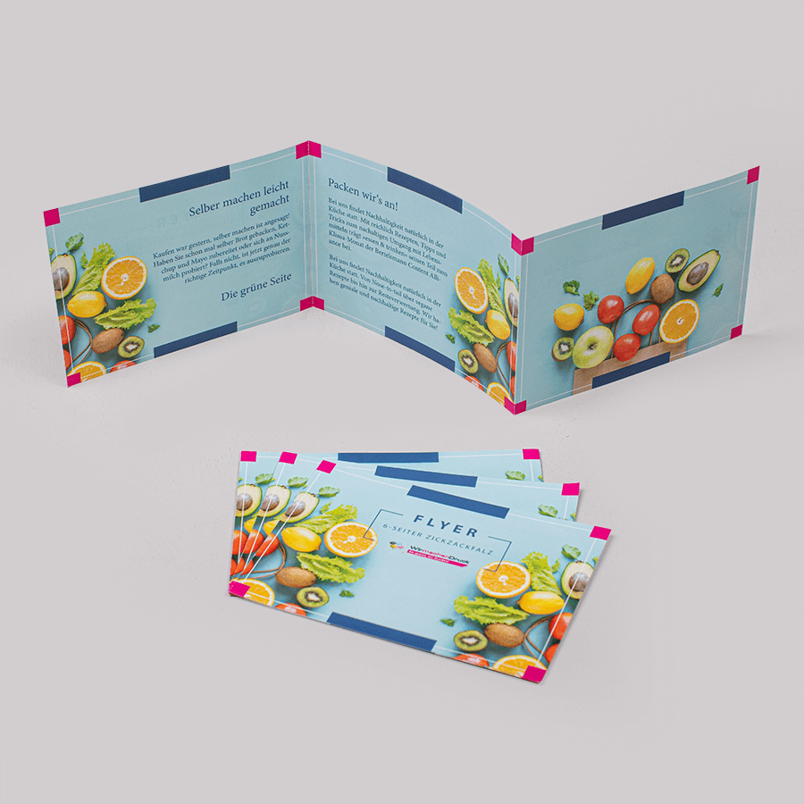 6-seitige Zickzack-Flyer individuell beidseitig bedruckbar, aufgestellt und liegend 