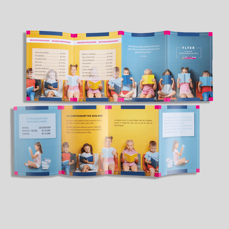 8-seitiger Doppelparallelfalz-Flyer individuell beidseitig bedruckbar