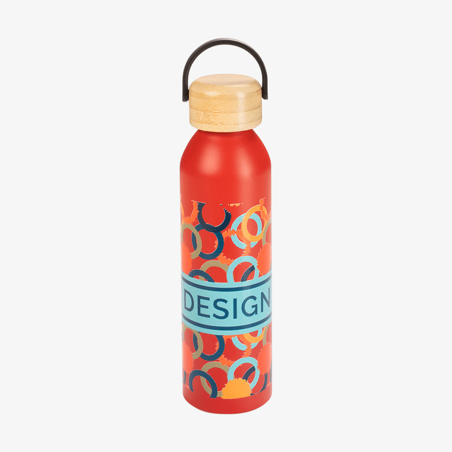 Aluminiumflasche mit Bambusdeckel, bedruckt im UV-LED-Druck, mit Tragegriff am Deckel